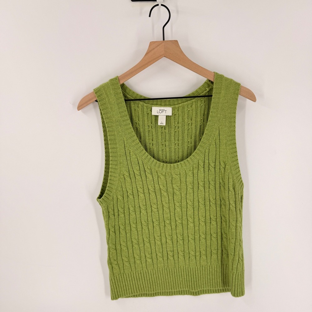 Y2K Vintage LOFT Cable Knit Sweater Vest Green Large Sleeveless Preppy Academic